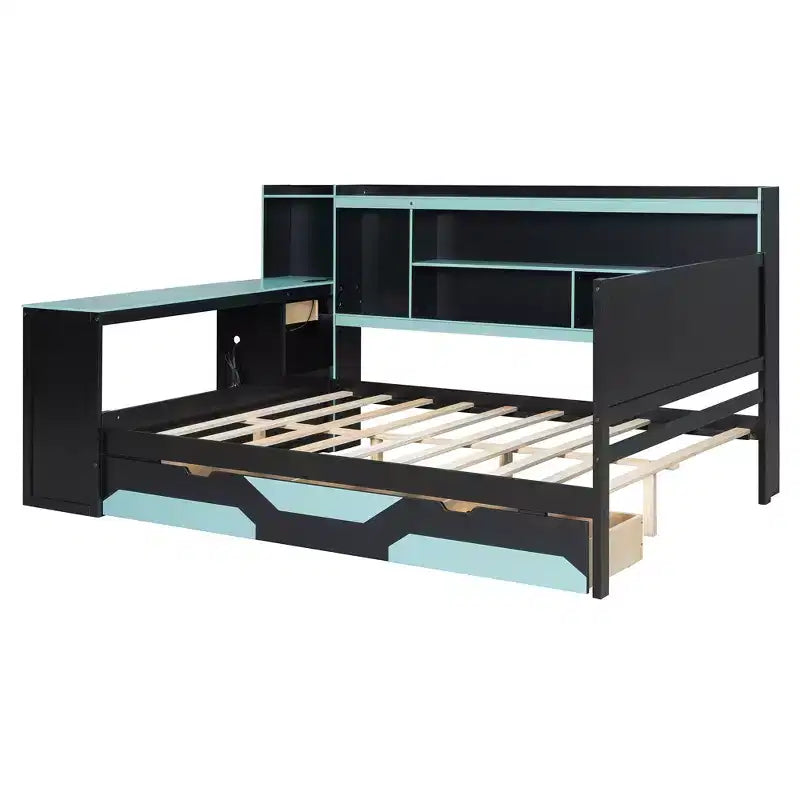 Gamer Hub Daybed with Desk, RGB Lights, Charging Station, Storage Drawers & Bookcase Headboard