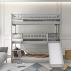 Full Over Full Triple Bunk Bed with Convertible Ladder and Slide, Triple Bed with Guardrails, White/Gray/Espresso - ModernLuxe