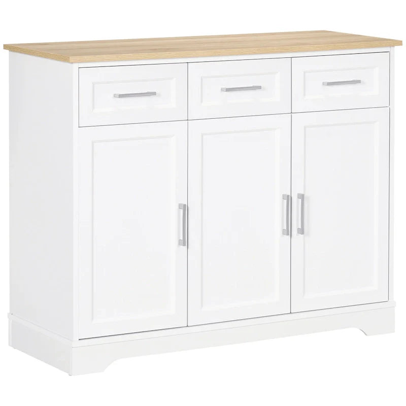 White Kitchen Sideboard Cabinet with 3 Drawers and Adjustable Shelf