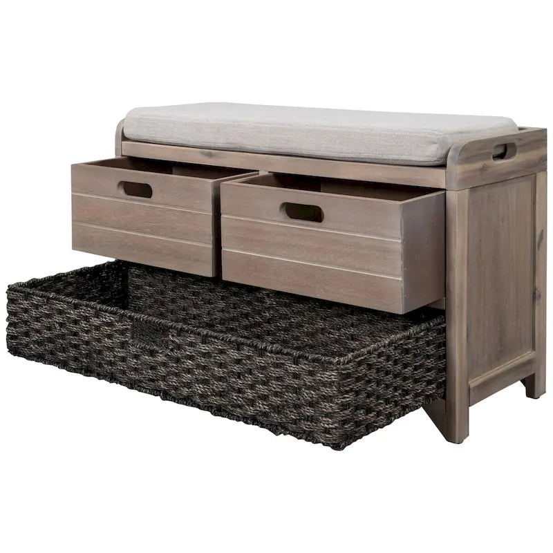 Wood Storage Bench with 2 Woven Baskets