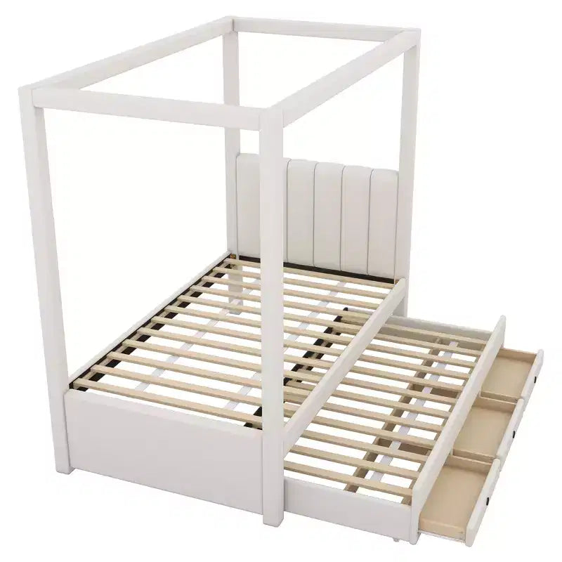 Full Size Linen Upholstery Canopy Platform Bed with Trundle and Three Storage Drawers