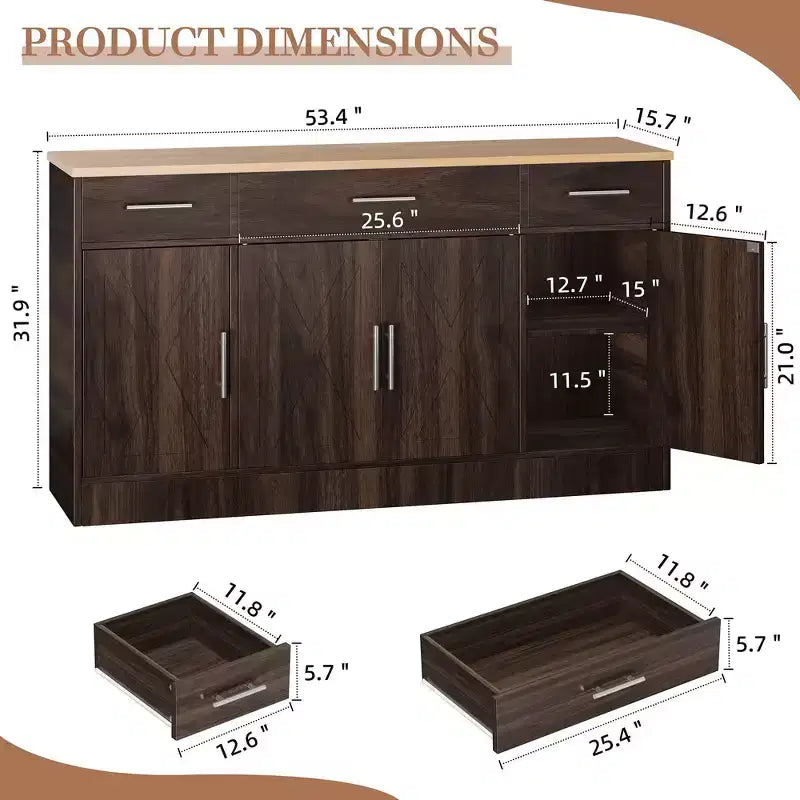 Celebalcony Buffet Cabinet with Storage,53.4 Large Kitchen Storage Cabinet with 3 Drawers & 4 Doors, Adjustable Shelf for Kitchen,Living Room