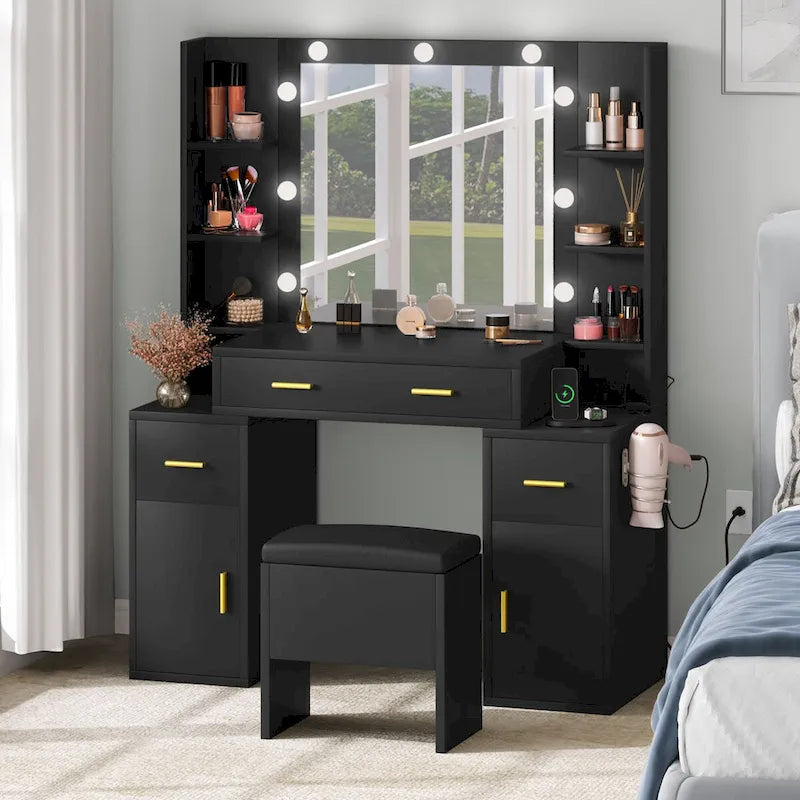 Vanity with Built-In Outlets and Lighted Mirror, 55.1H x 43.3L x 15.74W