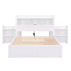 Full Storage Platform Bed with Trundle, Bookcase Headboard and Charging Station, Wooden Full Size Bed Frame with Shelves and Drawers