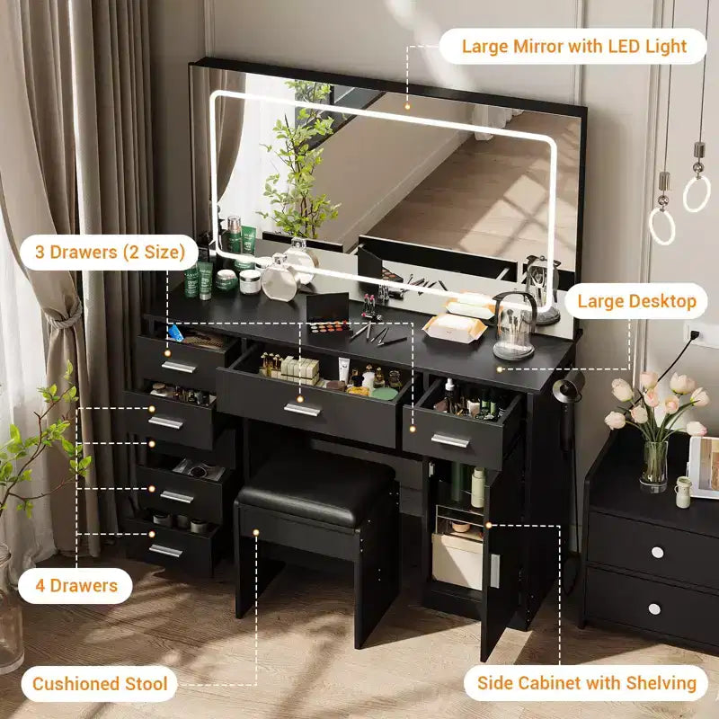 Modern Vanity Desk with Large Mirror, 7 Drawers, LED Lights, Chair, 3 Light Modes, Hair Dryer Holder and Charging Station for Bedroom