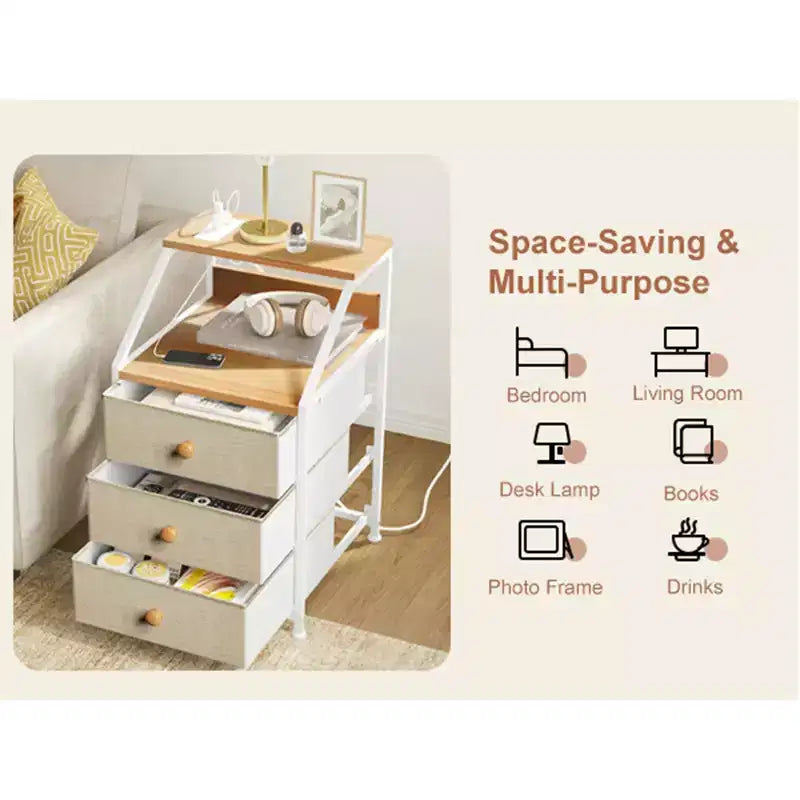Comodino moderno a 2 ripiani e 3 cassetti con unità organizer e stazione di ricarica per camera da letto, soggiorno e ufficio, Tortora