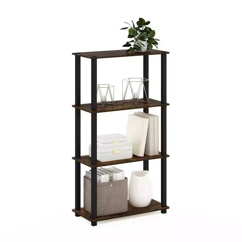 Scaffale a 4 ripiani multiuso con tubi quadrati, libreria aperta, pino ambra/nero
