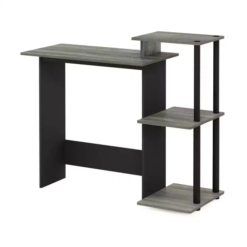 Scrivania moderna per computer, tavolo da studio/lavoro per ufficio, workstation con supporto CPU e libreria aperta, Rovere Grigio/Nero
