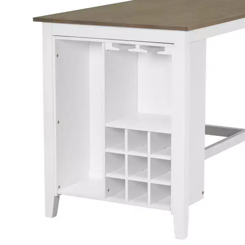 Set da pranzo da 5 pezzi in stile rustico ad altezza bancone con sedie per 4 persone, tavolo rettangolare in legno con ripiani e scomparto per bar/vino