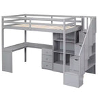 Twin Size Loft Bed with L-Shaped Desk, 3 Drawers, Cabinet, Staircase Storage, Solid Pine/MDF Build