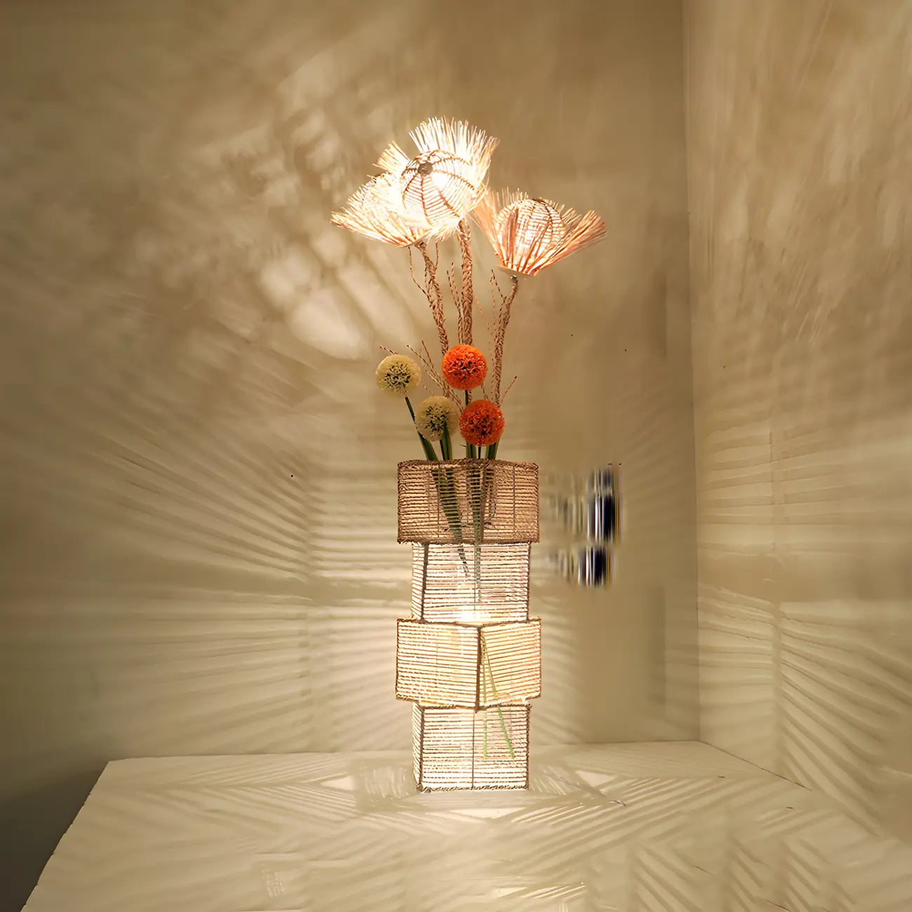 Plug In Column LED Rattan Floor Lamp for Living Room