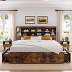 Full Bed Frame with Storage Headboard, Wooden Bed Frame with 4 Drawers, Storage Bookcase & King Size Platform Bed with Strong Metal Support