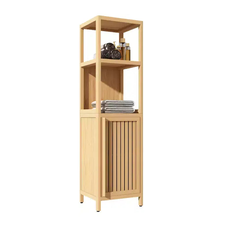 Mobiletto alto da bagno in bambù da 132 cm con 2 ripiani aperti e 1 anta, naturale