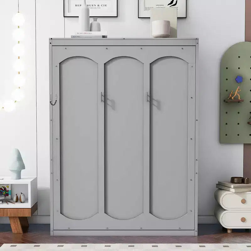 Letto a scomparsa matrimoniale/queen-size con mensole, bianco/grigio