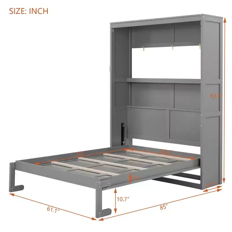 Letto a scomparsa matrimoniale/queen-size con mensole, bianco/grigio