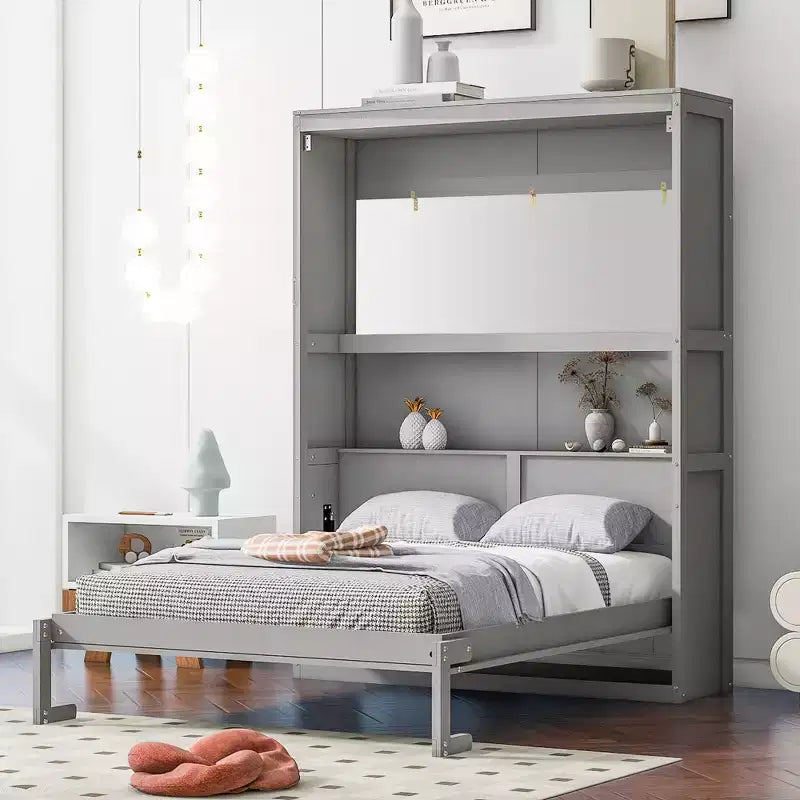Letto a scomparsa matrimoniale/queen-size con mensole, bianco/grigio