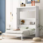 Letto a scomparsa matrimoniale/queen-size con mensole, bianco/grigio