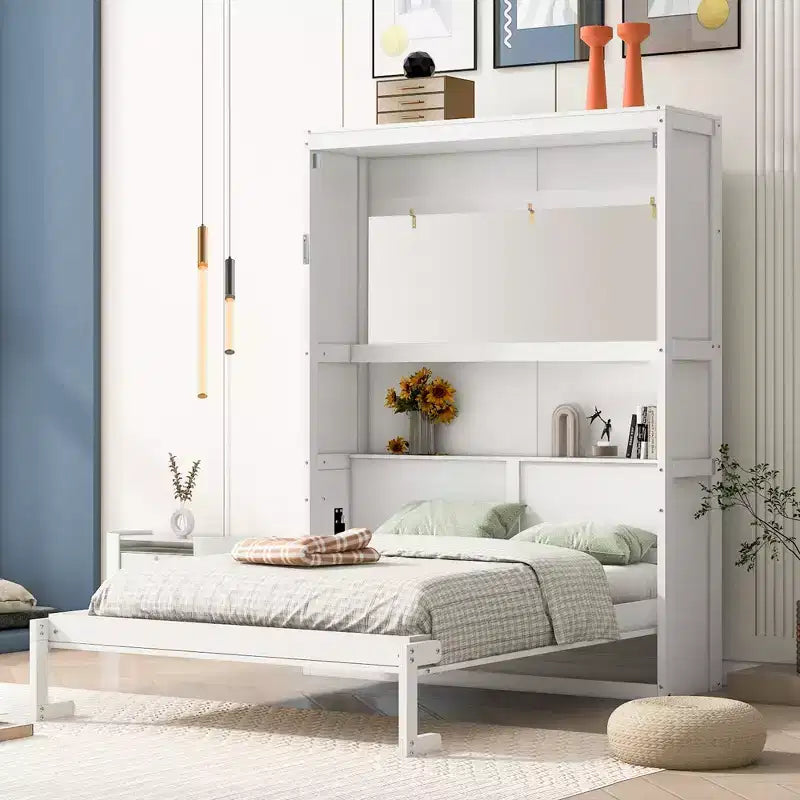 Letto a scomparsa matrimoniale/queen-size con mensole, bianco/grigio