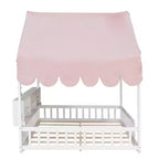 Whisen Full Size Wooden Floor Bed Frame, House-Shaped Daybed with Fense, 3 Storage Bookshelves, Curtain