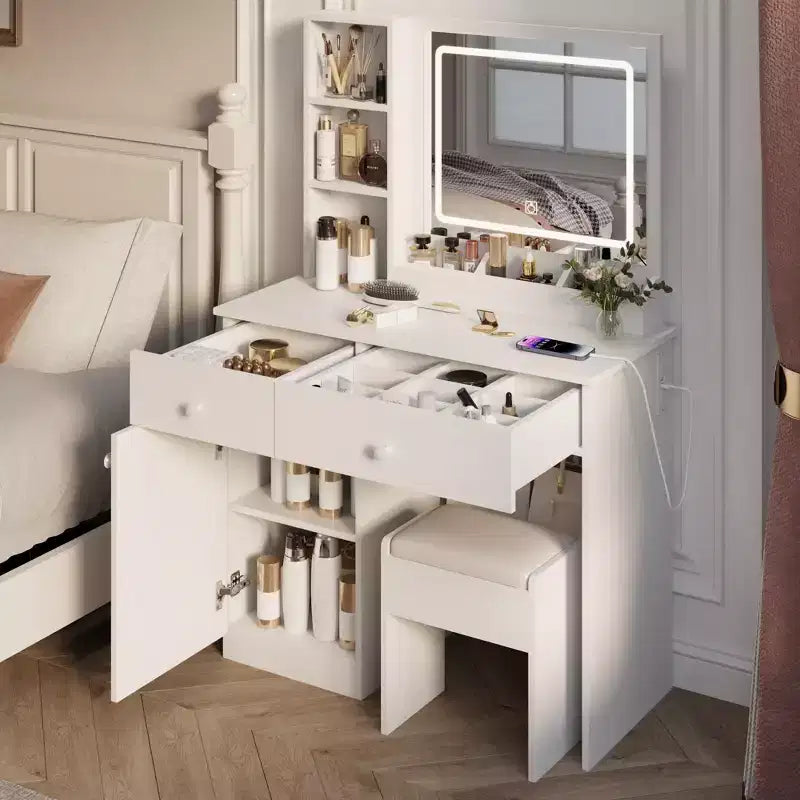 Toletta elegante da 35,4W con 2 grandi cassetti e sedia, specchio con luce LED a 3 colori per il trucco, bianco