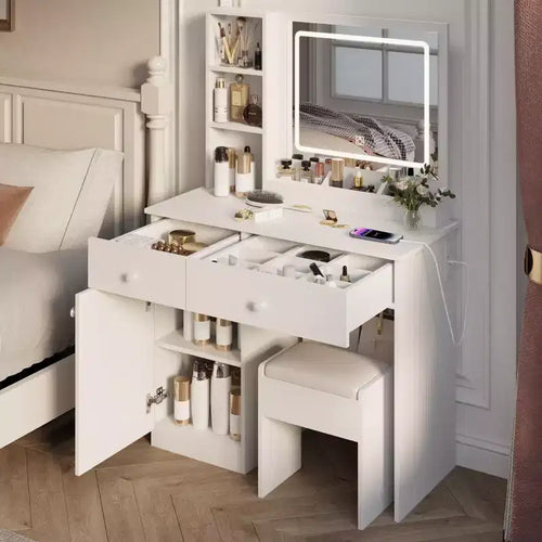 Toletta elegante da 35,4W con 2 grandi cassetti e sedia, specchio con luce LED a 3 colori per il trucco, bianco
