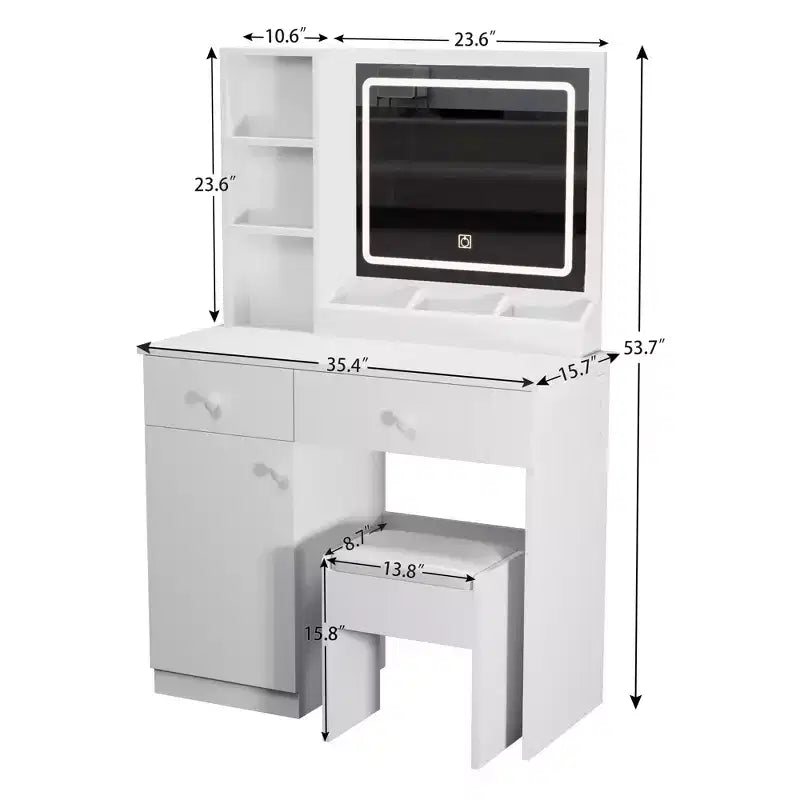 Toletta elegante da 35,4W con 2 grandi cassetti e sedia, specchio con luce LED a 3 colori per il trucco, bianco