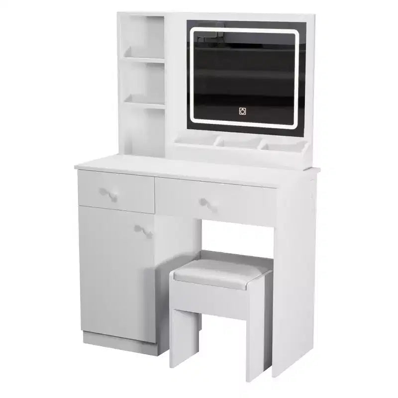 Toletta elegante da 35,4W con 2 grandi cassetti e sedia, specchio con luce LED a 3 colori per il trucco, bianco