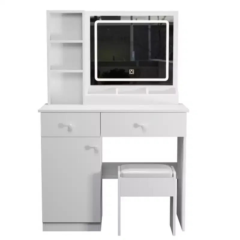 Toletta elegante da 35,4W con 2 grandi cassetti e sedia, specchio con luce LED a 3 colori per il trucco, bianco