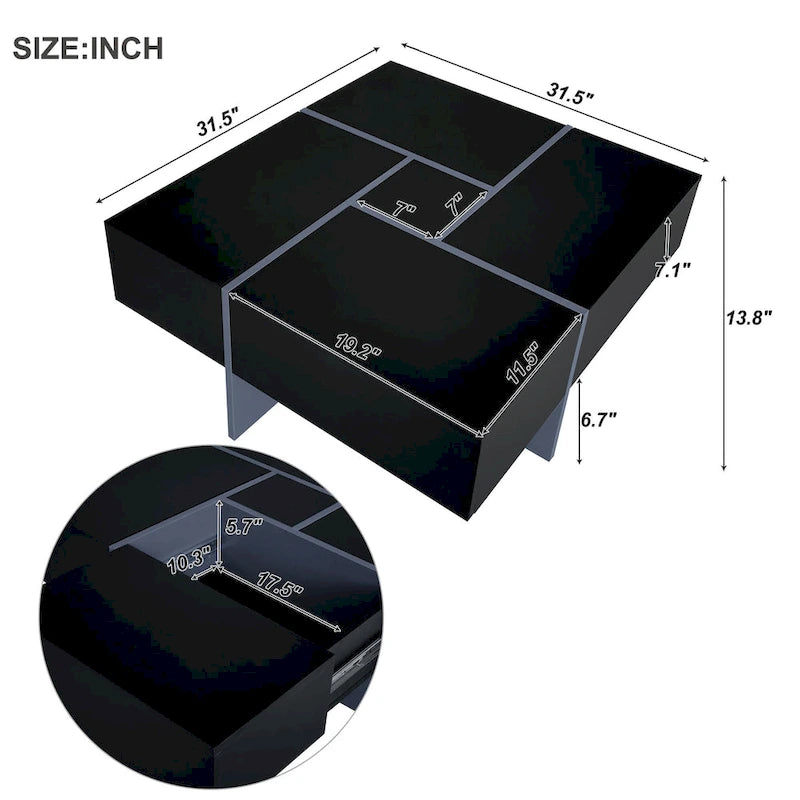 Tavolino da caffè moderno e di tendenza con vano portaoggetti nascosto - 80 x 80 x 35 cm