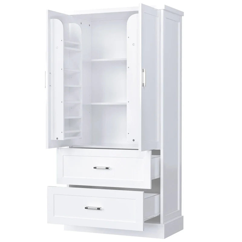Tall Bathroom Storage Cabinet, Cabinet with Two Doors and Drawers, Adjustable Shelf, MDF Board
