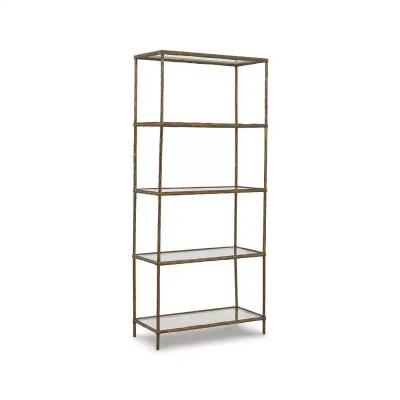 Signature Design by Ashley Ryandale 73 Bookcase, Antique Brass Finish Metal Frame with Clear Glass Shelves, Modern Industrial 5-Shelf Display