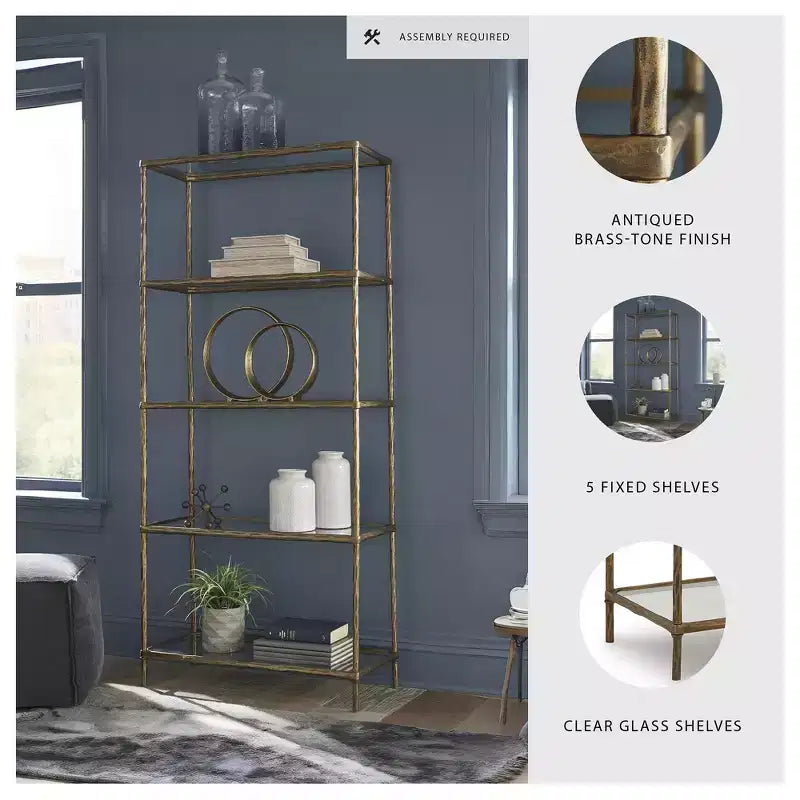 Libreria Ryandale 73, Struttura in Metallo Finitura Ottone Anticato con Ripiani in Vetro Trasparente, Espositore Moderno Industriale a 5 Ripiani