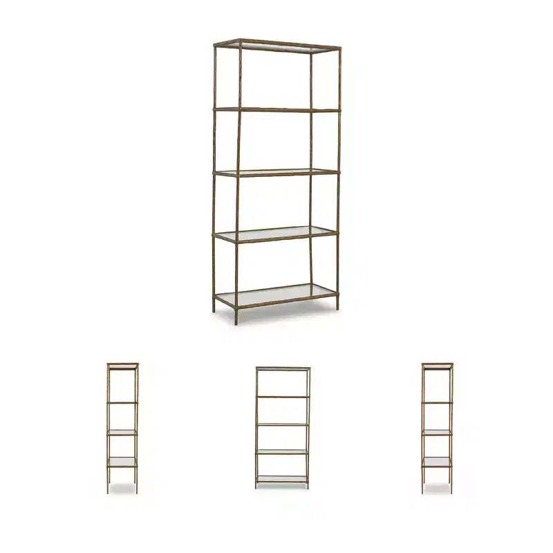Libreria Ryandale 73, Struttura in Metallo Finitura Ottone Anticato con Ripiani in Vetro Trasparente, Espositore Moderno Industriale a 5 Ripiani