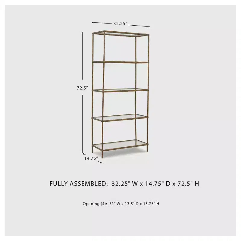 Libreria Ryandale 73, Struttura in Metallo Finitura Ottone Anticato con Ripiani in Vetro Trasparente, Espositore Moderno Industriale a 5 Ripiani