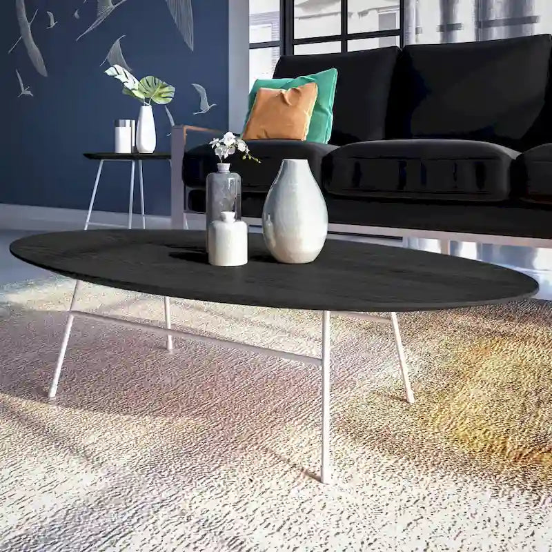 Tavolino da caffè Rossmore moderno ovale con struttura in acciaio verniciato a polvere bianco per casa, ufficio, soggiorno, camera da letto