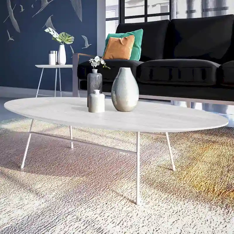Tavolino da caffè Rossmore moderno ovale con struttura in acciaio verniciato a polvere bianco per casa, ufficio, soggiorno, camera da letto