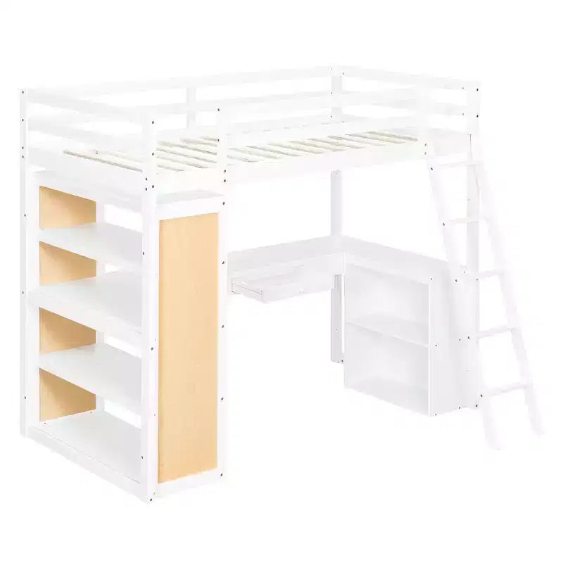Letto a soppalco in legno per una piazza e mezza/matrimoniale con scala, mensole, cassetto e scrivania