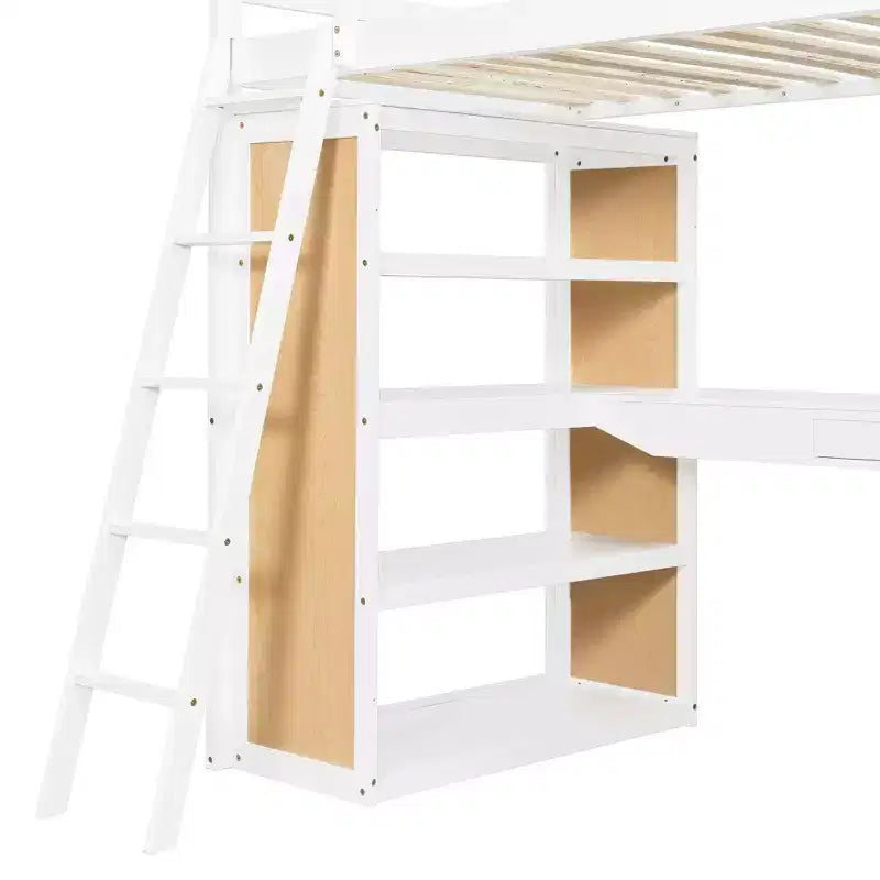 Letto a soppalco in legno per una piazza e mezza/matrimoniale con scala, mensole, cassetto e scrivania