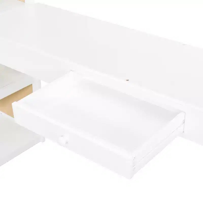 Letto a soppalco in legno per una piazza e mezza/matrimoniale con scala, mensole, cassetto e scrivania
