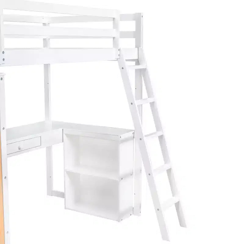 Letto a soppalco in legno per una piazza e mezza/matrimoniale con scala, mensole, cassetto e scrivania