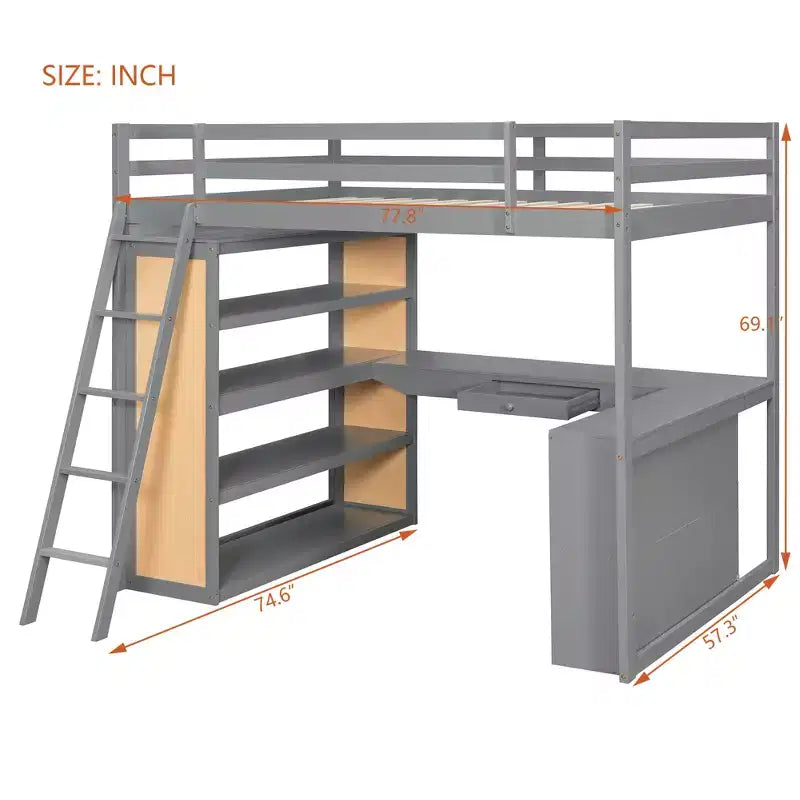 Letto a soppalco in legno per una piazza e mezza/matrimoniale con scala, mensole, cassetto e scrivania
