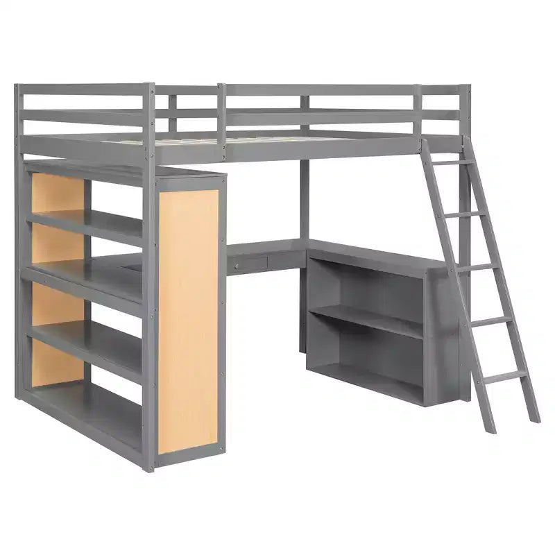 Letto a soppalco in legno per una piazza e mezza/matrimoniale con scala, mensole, cassetto e scrivania