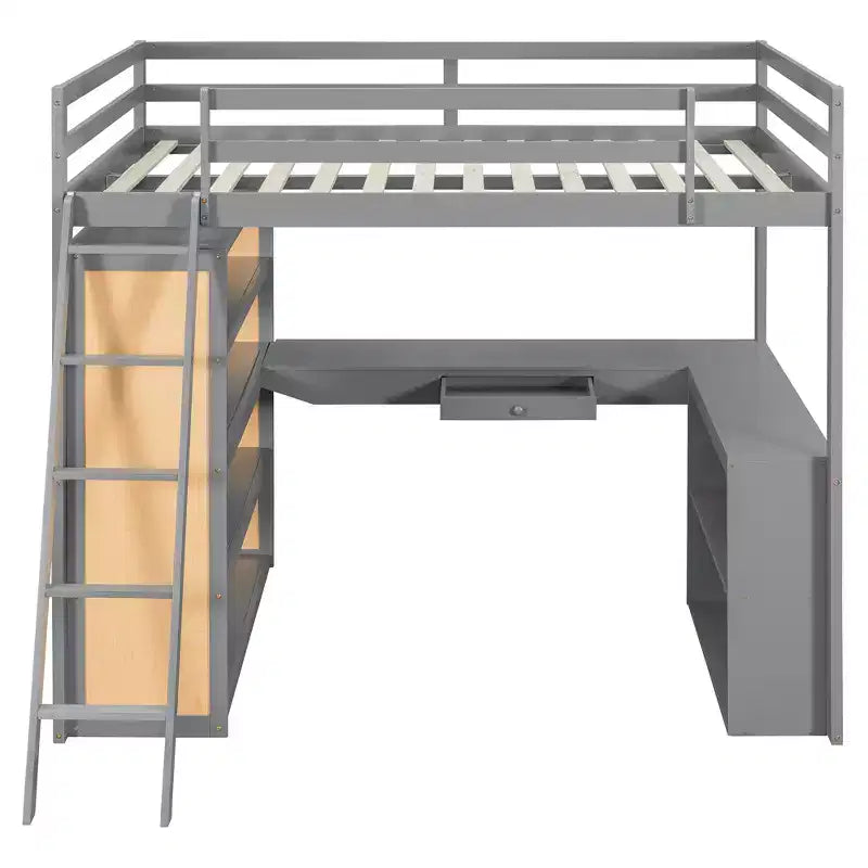 Letto a soppalco in legno per una piazza e mezza/matrimoniale con scala, mensole, cassetto e scrivania