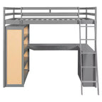 Letto a soppalco in legno per una piazza e mezza/matrimoniale con scala, mensole, cassetto e scrivania