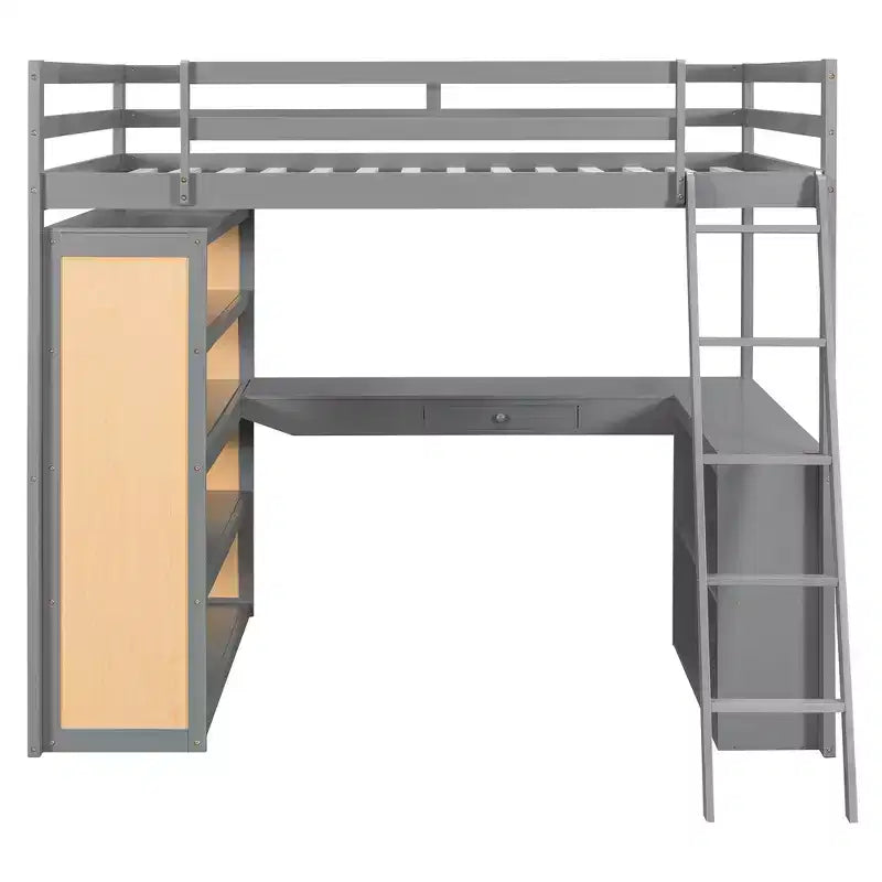 Letto a soppalco in legno per una piazza e mezza/matrimoniale con scala, mensole, cassetto e scrivania