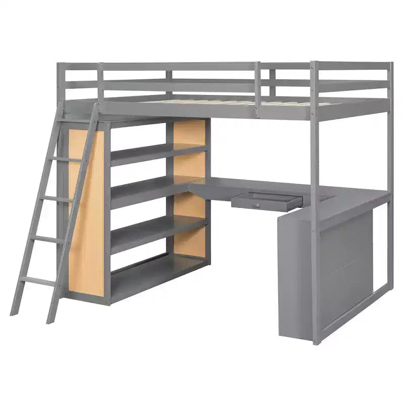 Letto a soppalco in legno per una piazza e mezza/matrimoniale con scala, mensole, cassetto e scrivania