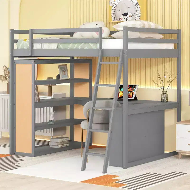 Twin/Full Size Wooden Loft Bed with Ladder, Shelves, a Drawer and Desk, 4L -ModernLuxe