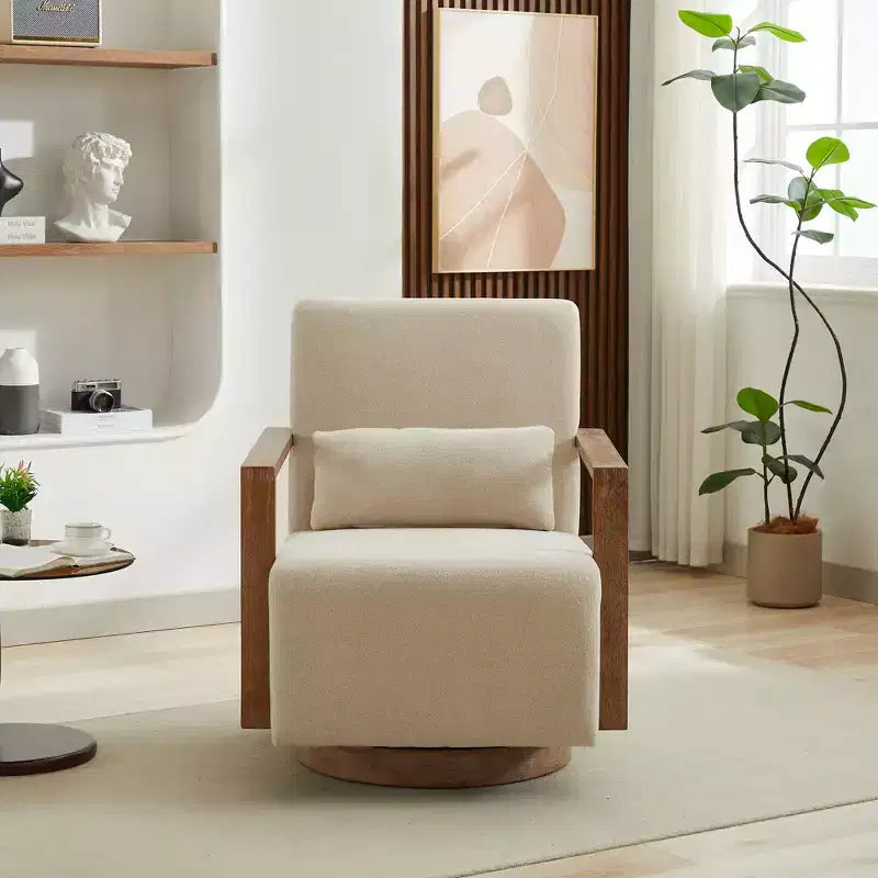 Poltrona accent moderna girevole imbottita da 30.31W con braccioli in legno massello, sedia da lettura lounge a 360 gradi