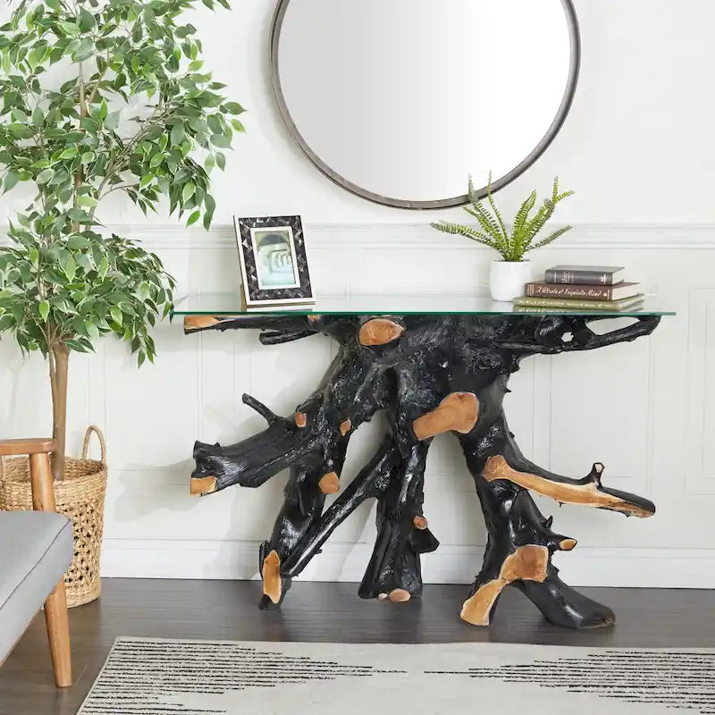 Console in legno di teak con piano in vetro trasparente - Nero - Roche River Decor - 16L x 49P x 32H