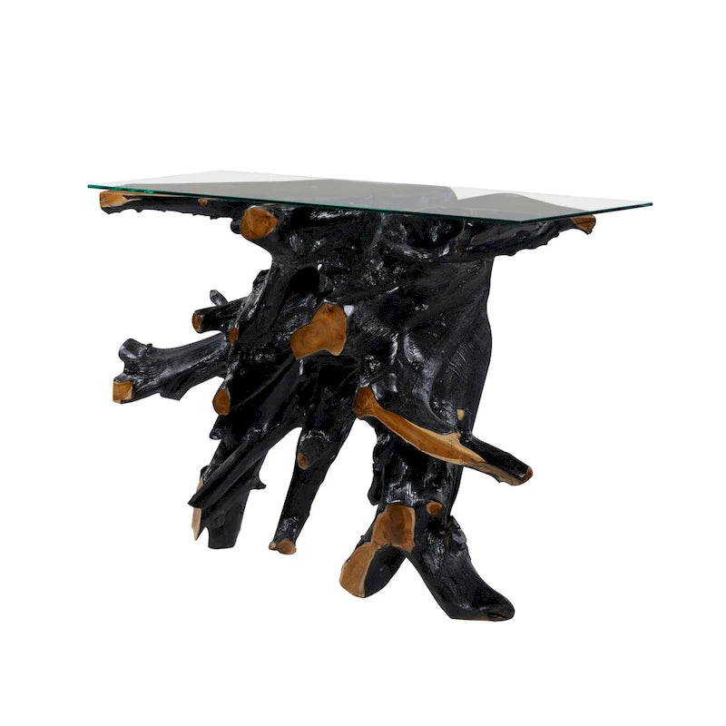 Console in legno di teak con piano in vetro trasparente - Nero - Roche River Decor - 16L x 49P x 32H